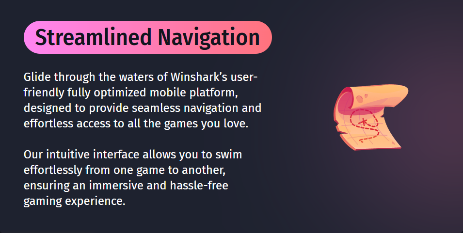 Winshark Casino mobile navigation showing game categories and lobby filters