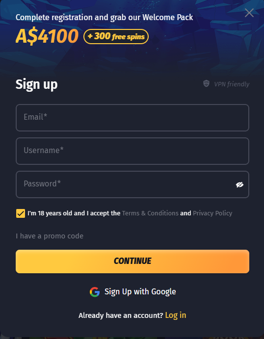 Winshark Casino signup registration form with email, password, and verification fields
